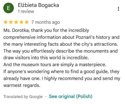 I had the pleasure of visiting the Armored Weapons Museum in Poznań with the guide Dorota, whom I highly recommend. Dorota has a wealth of knowledge and passionately shares interesting facts and numerous “delicacies” related to the objects visited. Thanks to her, the visit to the museum was not only interesting, but also full of inspiring stories.